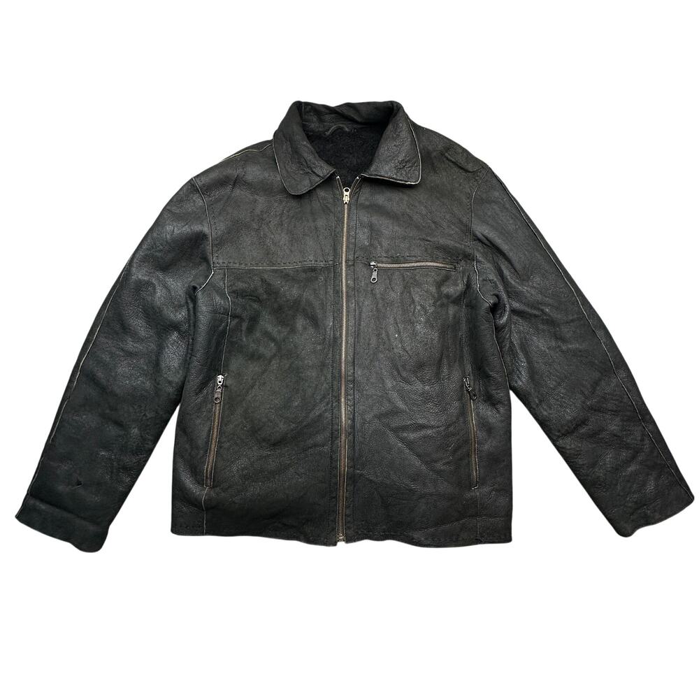 Vintage Shearling Leather Bomber Jacket Mens Large Full Zip Black Unbranded